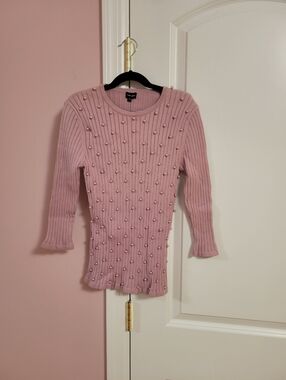 NWT Womens Blush Pink Ribbed Pearl Embellished 3/4 Sleeve Pullover Sweater- XXS